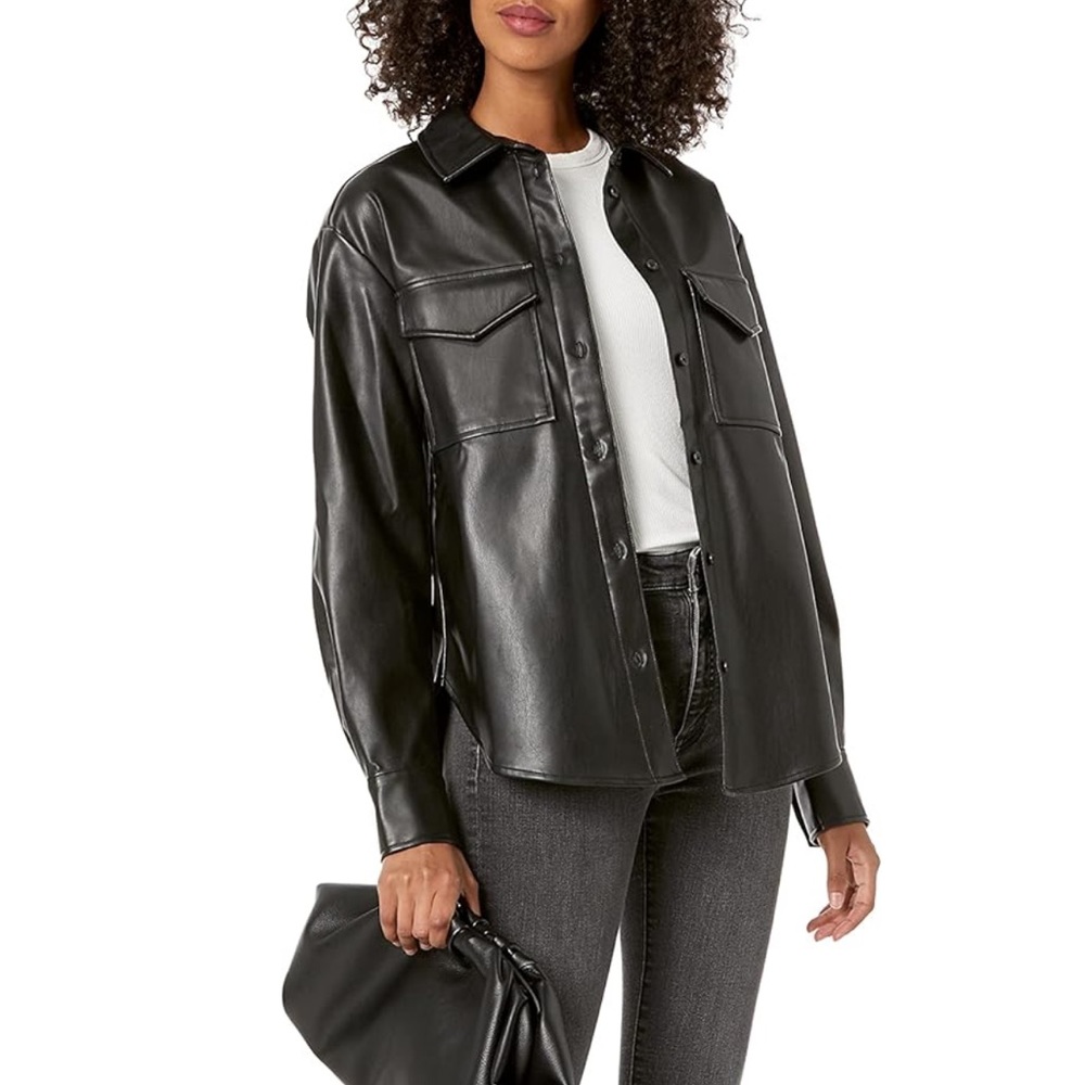 NWOT The Drop Women's @Lisadnyc Faux Leather Long Shirt Jacket, size S.